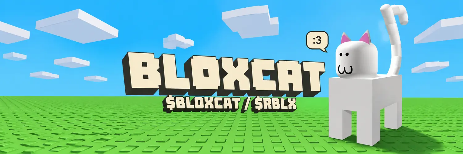 BLOXCAT / RBLX. The white block cat under a blue sky on a classic green baseplate.