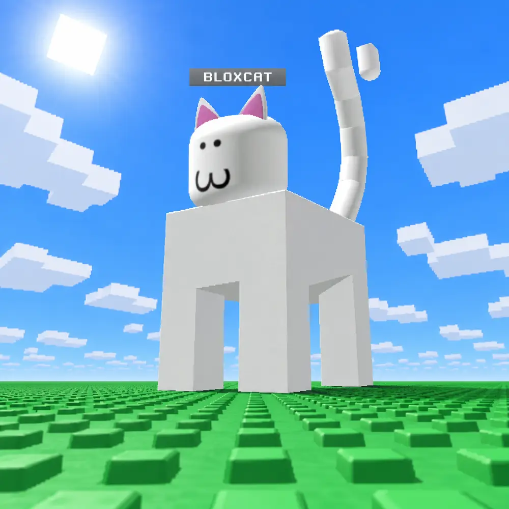 BLOXCAT standing on a green baseplate